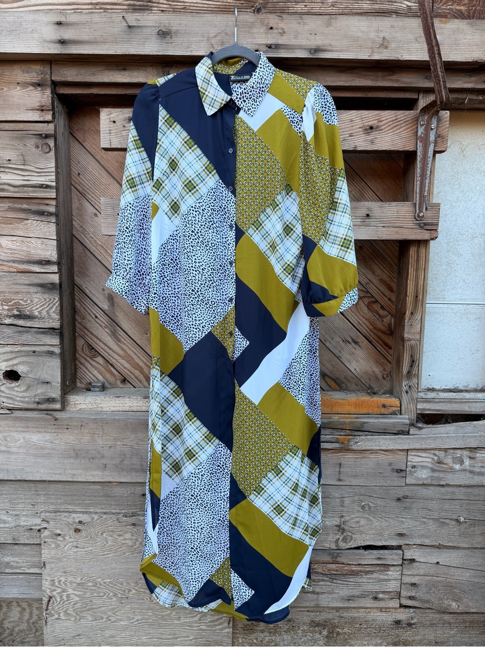 New York & Company Patchwork Button-Front Shirt Dress in Olive, Navy, White